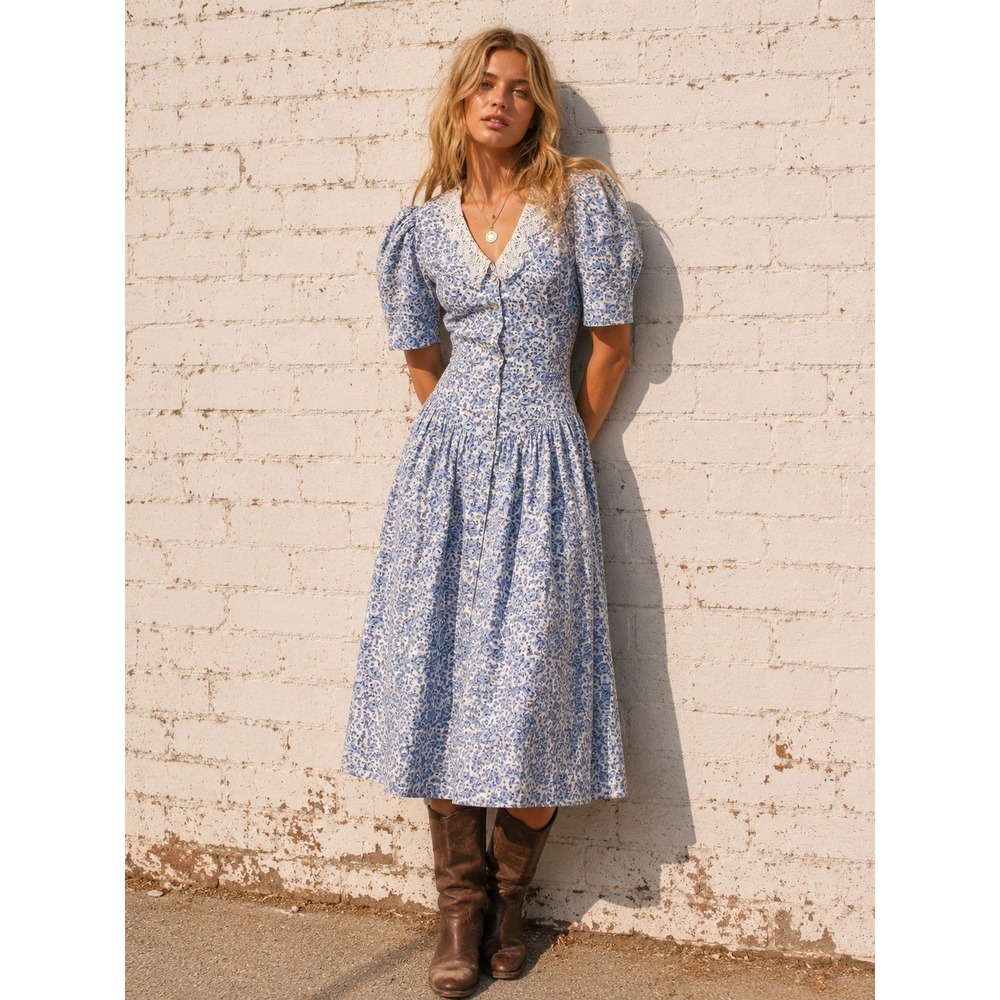 Vintage Benson & Smith Blue Cotton Floral Lace Collar Puff Sleeve Midi Dress 9 S